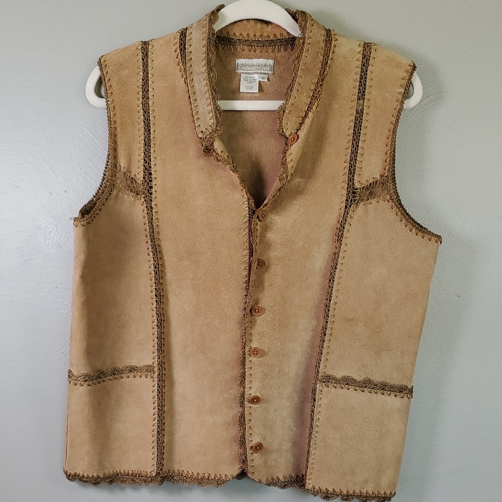 Coldwater Creek Beige, Genuine Leather Vest with Lace And Button Detail. Medium